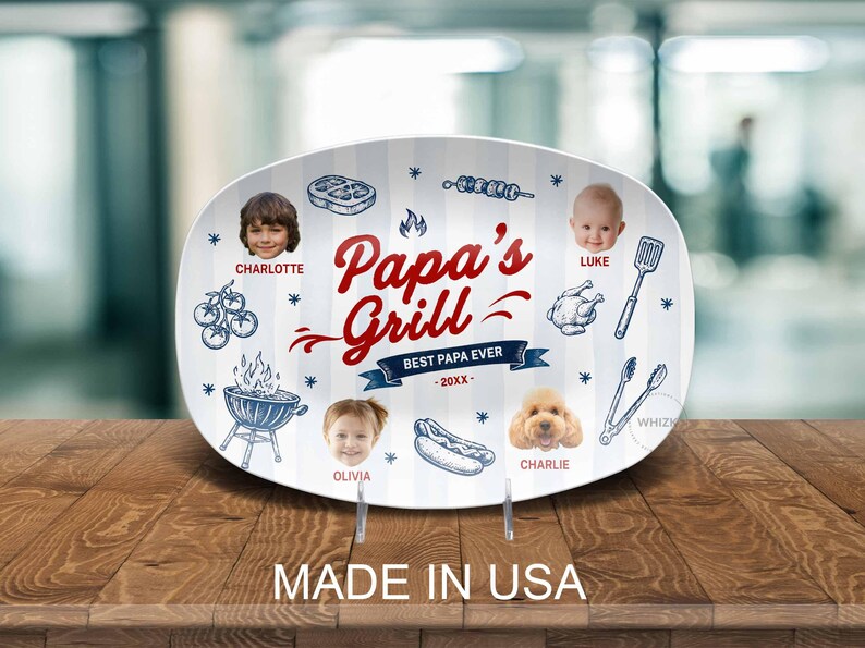 Papa's Grilling Plate, Personalized Papa Photo BBQ Platter With Kids Face, Grandpa Fathers Day Gift From Grandkids D048 J image 8