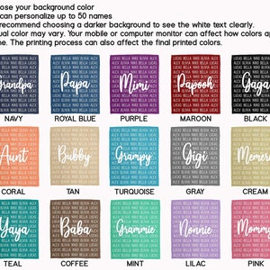May include: A chart showing 15 different color options for a personalized blanket. Each color option has a name and a sample of the blanket with the name "Grandpa" printed on it. The blanket is made of a soft, plush fabric and is perfect for cuddling up on the couch.