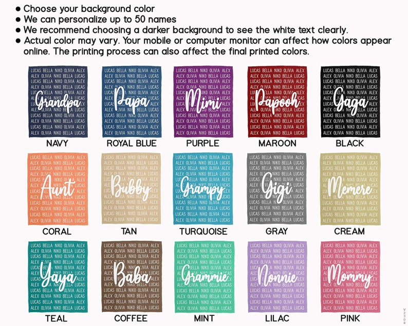 May include: A chart showing 15 different color options for a personalized blanket. Each color option has a name and a sample of the blanket with the name "Grandpa" printed on it. The blanket is made of a soft, plush fabric and is perfect for cuddling up on the couch.