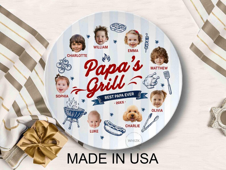 Papa's Grilling Plate, Personalized Papa Photo BBQ Platter With Kids Face, Grandpa Fathers Day Gift From Grandkids D048 J image 7