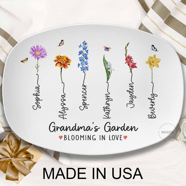 Grandmas Garden Platter, Grandma Gift, Personalized Grandma Plate With Grandkids Names, Mother In Law Birth Flower Mom Mothers Day Gift D001