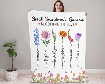 Great Grandma Blanket With Grandkid Name, Great Grandma Gift Grandma Garden Blanket Mothers Day Personalized Mother In Law Birth Flower B196
