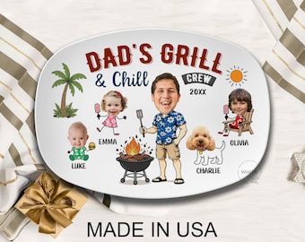 Dad's Grilling Plate With Kids Faces, Personalized Daddy Photo BBQ Platter, Custom Fathers Day Gift D042 J