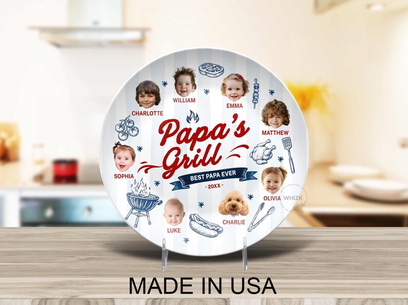 Papa's Grilling Plate, Personalized Papa Photo BBQ Platter With Kids Face, Grandpa Fathers Day Gift From Grandkids D048 J image 11