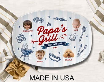 Papa's Grilling Plate, Personalized Papa Photo BBQ Platter With Kids Face, Grandpa Fathers Day Gift From Grandkids D048 J