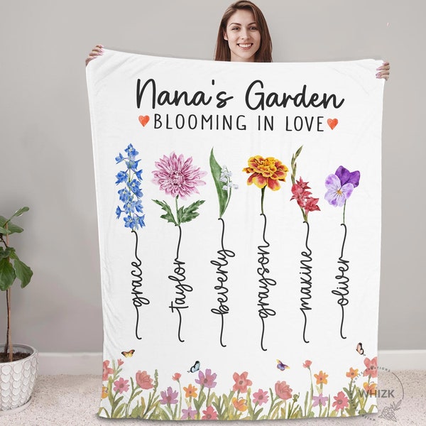 Nana Blanket With Grandkids Names, Nana Gift For Grandma Garden Blanket, Mothers Day Gift, Personalized Mother In Law Mom Birth Flower B189