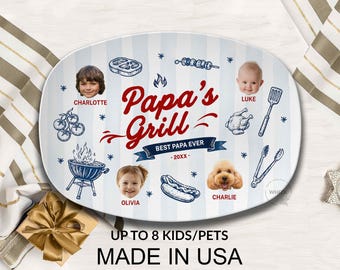 Papa's Grilling Plate, Personalized Papa Photo BBQ Platter With Kids Face, Grandpa Fathers Day Gift From Grandkids D048 J