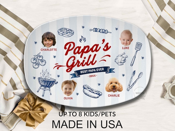 Papa's Grilling Plate, Personalized Papa Photo BBQ Platter With Kids Face, Grandpa Fathers Day Gift From Grandkids D048 J