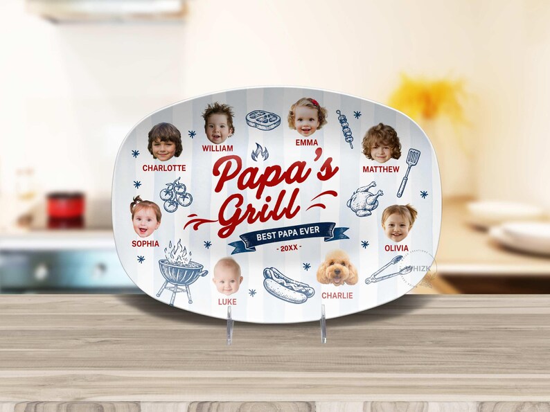 Papa's Grilling Plate, Personalized Papa Photo BBQ Platter With Kids Face, Grandpa Fathers Day Gift From Grandkids D048 J image 9