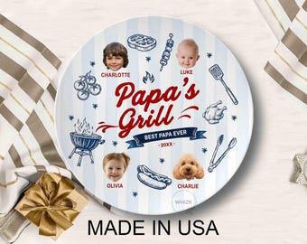 Papa's Grilling Plate Round, Personalized Grandpa Platter, Papa Photo BBQ Plate With Kids Face, Fathers Day Gift From Grandkids D048C J