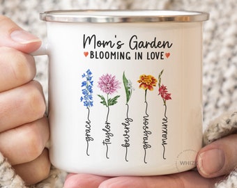 Mom Camp Mug With Kids Names, Moms Garden Camping Mug, Mama Mothers Day Gift From Daughter, Personalized Mommy Birth Flower Enamel Mug M912