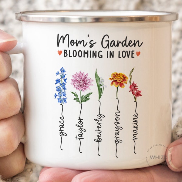 Mom Camp Mug With Kids Names, Moms Garden Camping Mug, Mama Mothers Day Gift From Daughter, Personalized Mommy Birth Flower Enamel Mug M912