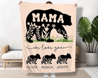 Mama Gift For Mama Bear Blanket With Kids Names, Mothers Day Gift From Daughter Son, Personalized Mom Birthday Grandma Christmas Throw B348