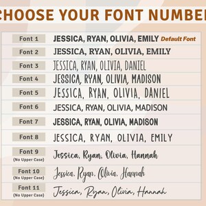 May include: Image displays a font selection guide with the text "CHOOSE YOUR FONT NUMBER." Eleven font options are listed, each with a sample of names like Jessica, Ryan, and Olivia. Font styles vary from simple to cursive.