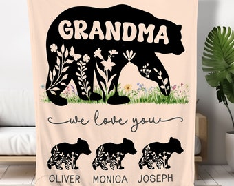 Grandma Gift For Grandma Blanket With Grandkids Name, Grandma Christmas Mothers Day Gift Personalized Mama Bear Mother In Law Mom Throw B356