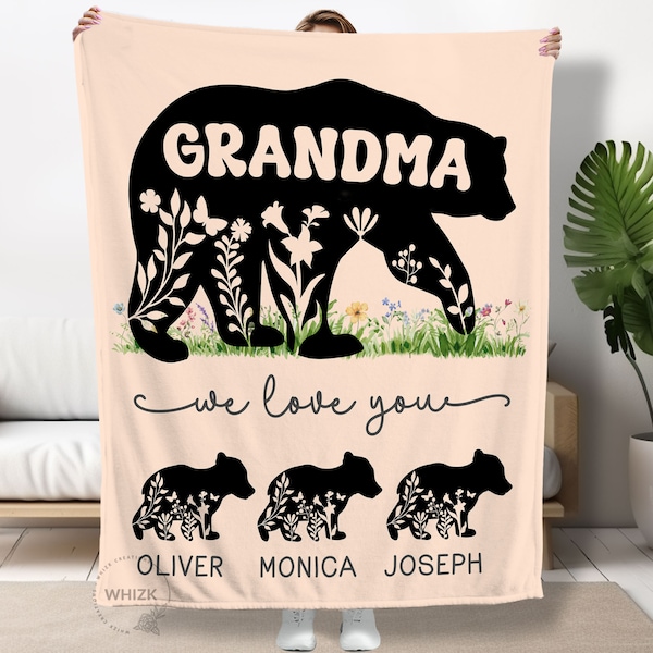 Grandma Gift For Grandma Blanket With Grandkids Name, Grandma Christmas Mothers Day Gift Personalized Mama Bear Mother In Law Mom Throw B356