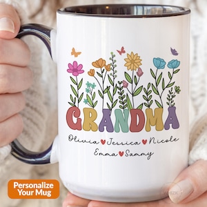 Grandma Mug With Grandkids Names, Grandma Gift For Mothers Day Gift For Grandma Coffee Mug, Personalized Birthday Gift Wildflower Cup P215