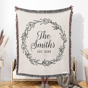 Wedding Blanket, Cotton Anniversary Gift For Him Her Couple, Wedding Anniversary Blanket Personalized Last Family Name Woven Throw B209