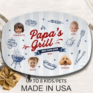 Papa's Grilling Plate, Personalized Papa Photo BBQ Platter With Kids Face, Grandpa Fathers Day Gift From Grandkids D048 J image 1