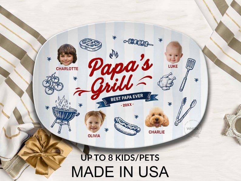 Papa's Grilling Plate, Personalized Papa Photo BBQ Platter With Kids Face, Grandpa Fathers Day Gift From Grandkids D048 J image 1