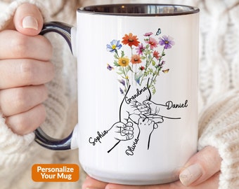 Grandma Mug Holding Hands Mug, Grandma Gift Grandma Coffee Mug With Grandkid Names Personalized Mother In Law Mom Hold Hand Grandma Cup P234