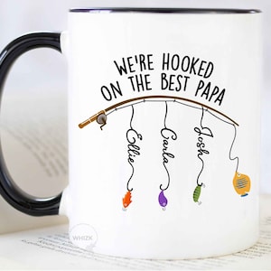 Papa Fishing Gift For Papa Fishing Mug With Grandkids Names Fathers Day Gift From Granddaughter Hooked on Papa Personalized Grandpa Cup M773