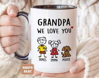Personalized Grandpa Mug, Fathers Day Gifts For Grandpa, Grandkids Names, Stick Figure Coffee Cup Z002