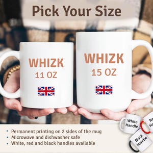 two white mugs with different sizes and handles, with a person's hands holding them. The mugs are labeled with their respective sizes and features, such as permanent printing, microwave and dishwasher safety, and the availability of white, red, and black handles.