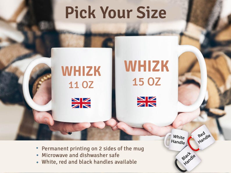 two white mugs with different sizes and handles, with a person's hands holding them. The mugs are labeled with their respective sizes and features, such as permanent printing, microwave and dishwasher safety, and the availability of white, red, and black handles.