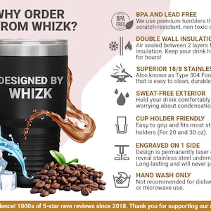 May include: A black stainless steel tumbler with the text "Designed by Whizk" on the side. The tumbler is surrounded by ice cubes, coffee beans, and water and coffee splashes. The tumbler is double-walled and insulated to keep drinks hot or cold for hours. It is also sweat-free and fits most standard cup holders.