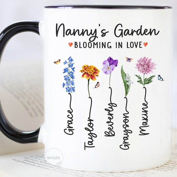 Nanny Mug With Grandkids Name, Nanny Gift For Grandmas Garden Mug, Mothers Day Gift Personalized Mother In Law Cup Mom Birth Flower M890