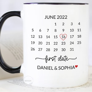 Our First Date Gift, Valentines Gift For Him Her Personalized Couple Mug First Date Calendar Anniversary Gift For Boyfriend Husband Cup M823