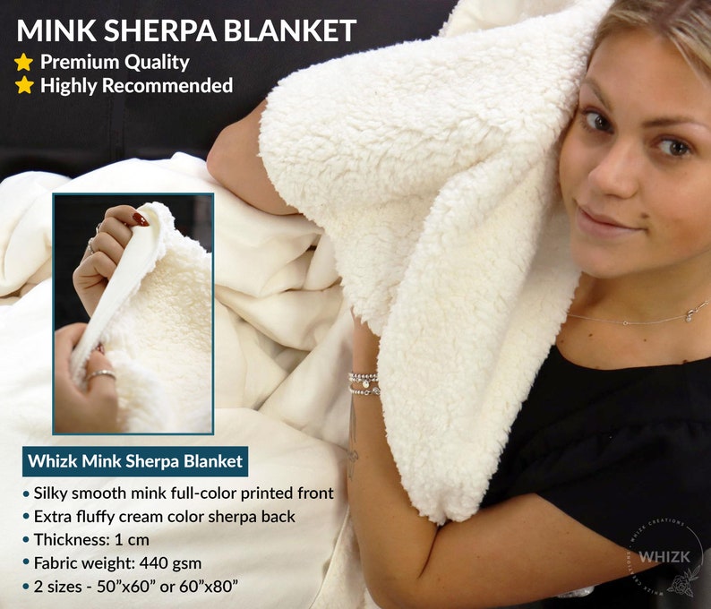 May include: A white mink sherpa blanket with a silky smooth printed front and a fluffy cream sherpa back. The blanket is 1 inch thick and weighs 440 grams per square meter. It is available in two sizes: 50 inches by 60 inches or 60 inches by 80 inches.
