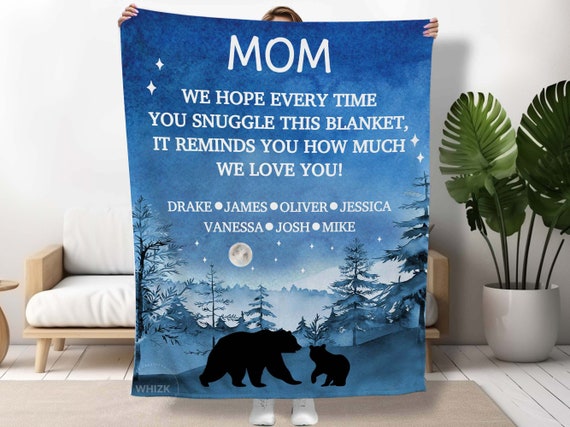 Mom Gift For Mom Blanket With Kids Names, Mothers Day Gift From Daughter Son Personalized Birthday Christmas Gift Mommy Mama Bear Throw B328
