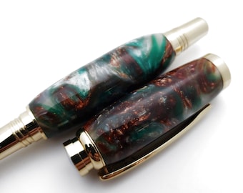 Handmade Bronze, Green, and White Rollerball Pen - Rollerball Pen