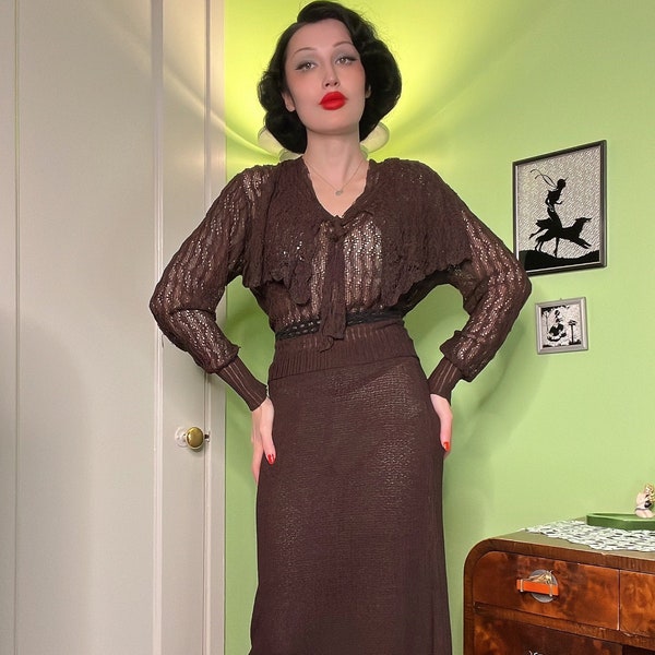 1930s rayon knit 2 piece -- M --