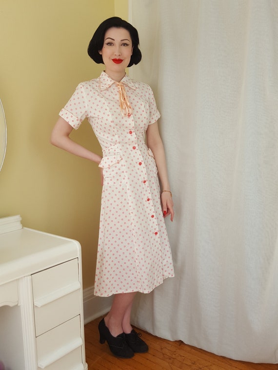 late 1940s pink polka dot button front dress - image 2