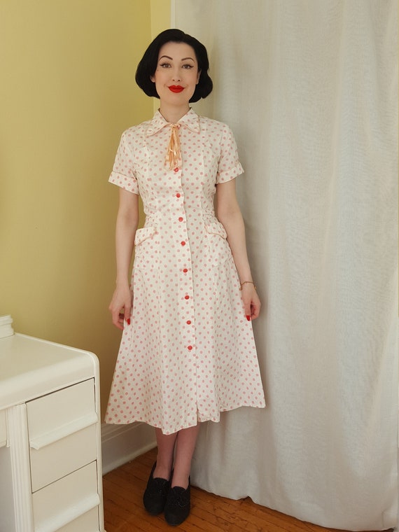 late 1940s pink polka dot button front dress