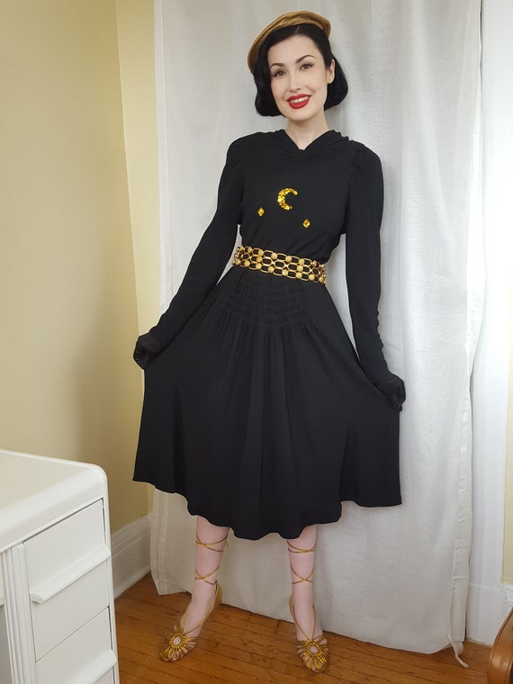 1930s Black and Gold Moon Crepe Dress