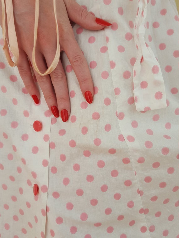 late 1940s pink polka dot button front dress - image 8