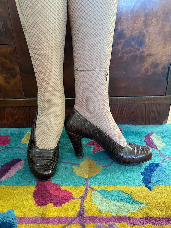 1940s Art Deco shoes — brown faux croc pattern he… - image 2