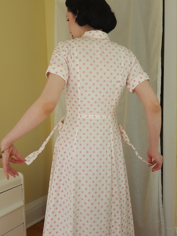 late 1940s pink polka dot button front dress - image 4