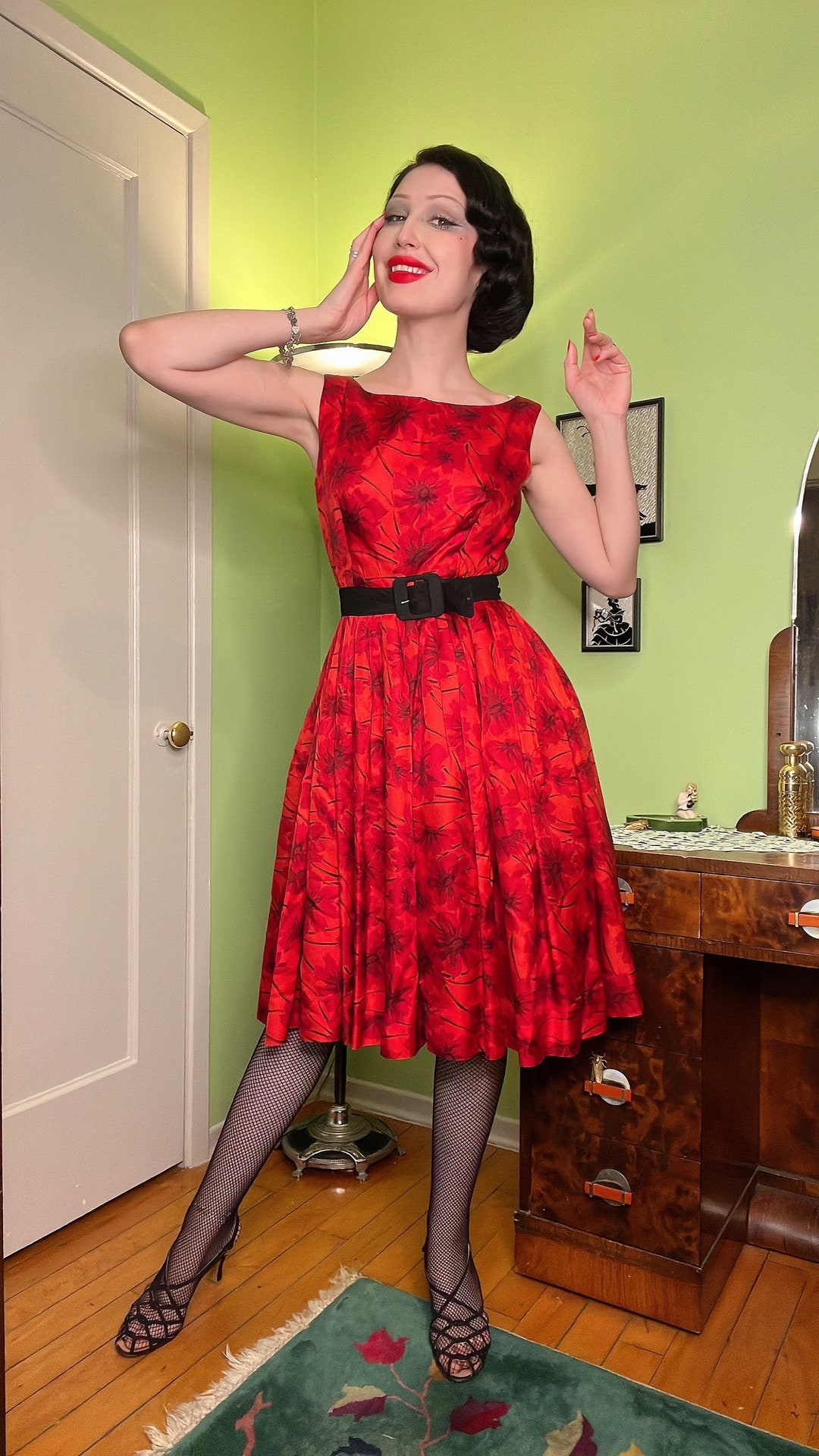 1950s Red Floral Dress