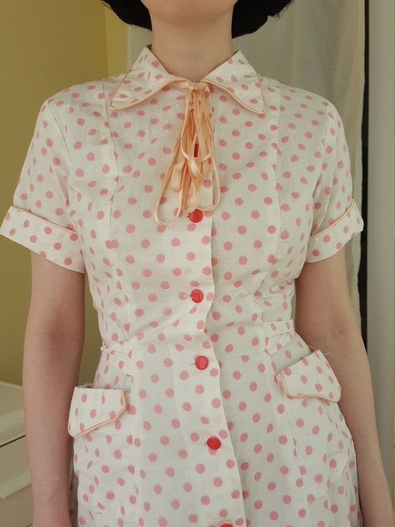 late 1940s pink polka dot button front dress - image 5