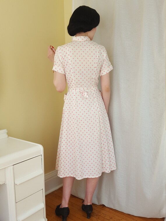 late 1940s pink polka dot button front dress - image 3