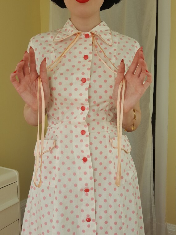 late 1940s pink polka dot button front dress - image 6