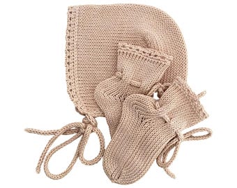 Handmade Cotton Baby Gift Set.  Knit bonnet and socks. 100% cotton.