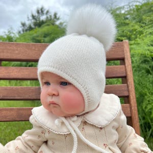 Cashmere Knit Baby Hat: Fox Fur Pom Pom, Handmade in USA