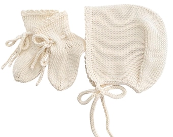 Handmade Cotton Baby Gift Set.  Knit bonnet and socks. 100% cotton.
