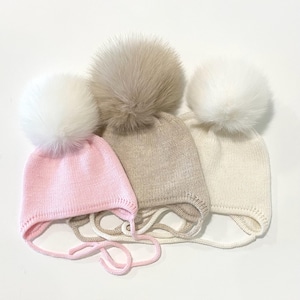 Cashmere Baby Knit Hat: Fox Fur Pom Pom, Handmade in USA